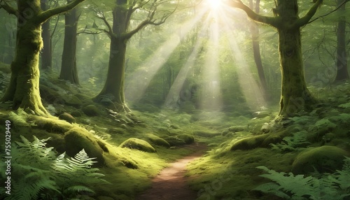 Illustrate A Tranquil Forest Glade With Sunlight F Upscaled 8 #755029449