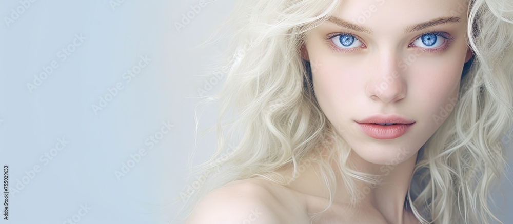 Ethereal Beauty: Portrait of a Woman with Long Blonde Hair and Mesmerizing Blue Eyes Ethereal Beauty: Portrait of a Woman with Long Blonde Hair and Mesmerizing Blue Eyes