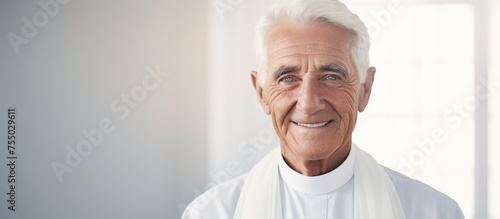 Joyful Priest Embracing Faith: Portrait of a Smiling Clergyman in White Robes photo