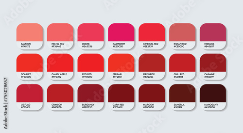 Red Color Palette with color Names. Catalog Samples Red with RGB HEX codes and Names. Metal Colors Palette Vector, Wood and Plastic Red Color Palette, Fashion Trend Pantone Red Color Palette