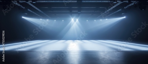 An empty stage in a modern exhibition interior is brightly lit by spotlights in the middle. The stage is void of any performers or audience, ready for an upcoming event.