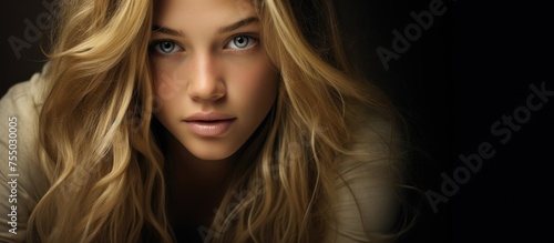 Serene Beauty - Portrait of a Feminine Woman with Stunning Skyblue Eyes and Flowing Blond Hair