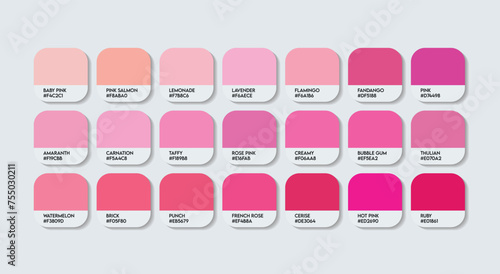 Pink Color Palette, Guide with pink Color Names. Catalog Samples Pink with RGB HEX codes and Names. Metal Colors Palette Vector, Wood and Plastic Pink Color Palette, Fashion Trend Pink Color Palette