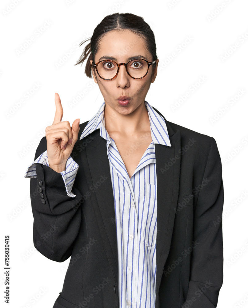 Confident young Caucasian businesswoman on studio background having some great idea, concept of creativity. Confident young Caucasian businesswoman on studio background having some great idea, concept of creativity.