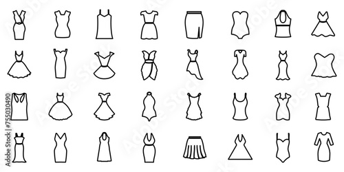 Women dress set icons, clothes modern icon, female fashion, fashion wardrobe, dress isolated silhouettes women clothing