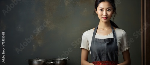 Joyful woman in apron cooki...