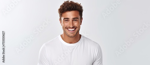 Joyful man in white shirt w...