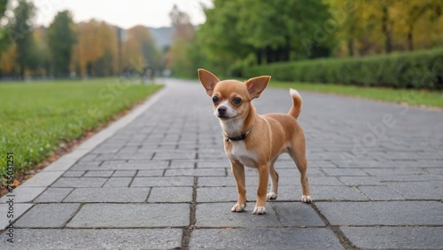 Red smooth coat chihuahua dog walking in the park