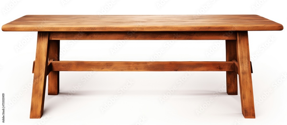 A wooden table is positioned on top of a plain white floor, creating a simple and clean aesthetic in the room. The table stands out against the bright background, A wooden table is positioned on top of a plain white floor, creating a simple and clean aesthetic in the room. The table stands out against the bright background,
