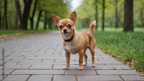 Red smooth coat chihuahua dog walking in the park
