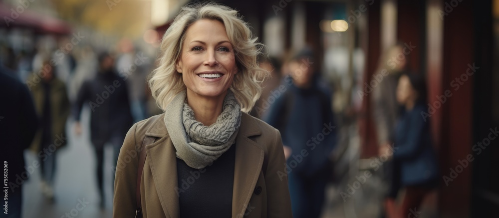 Radiant Woman Enjoying a Leisurely Stroll with a Joyful Smile on Urban Street