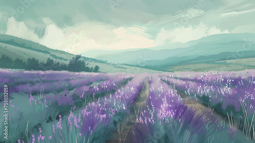 A serene digital painting of expansive lavender fields beneath a dynamic, cloudy sky over rolling hills