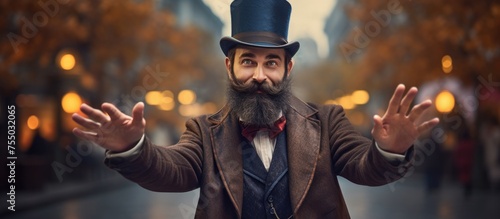 Eccentric Gentleman in Top Hat and Beard Posing with Vintage Style photo