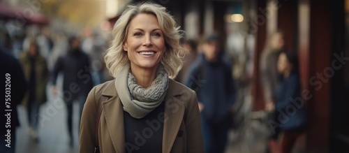 Radiant Woman Enjoying a Leisurely Stroll with a Joyful Smile on Urban Street