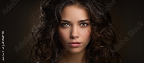 Serene Woman with Flowing Hair and Mesmerizing Blue Eyes Radiating Confidence and Elegance