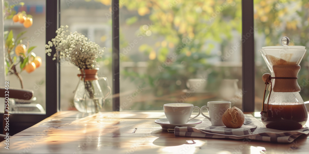 Stylish coffee brewing arrangement on a wooden table by the window with natural daylight streaming through Stylish coffee brewing arrangement on a wooden table by the window with natural daylight streaming through