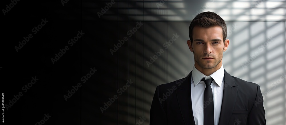 Confident Businessman Posing in Front of a Modern Brick Wall in Classic Suit and Tie Confident Businessman Posing in Front of a Modern Brick Wall in Classic Suit and Tie