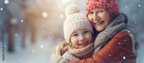 Joyful Mother and Child Embrace the Winter Wonderland Under Falling Snowflakes