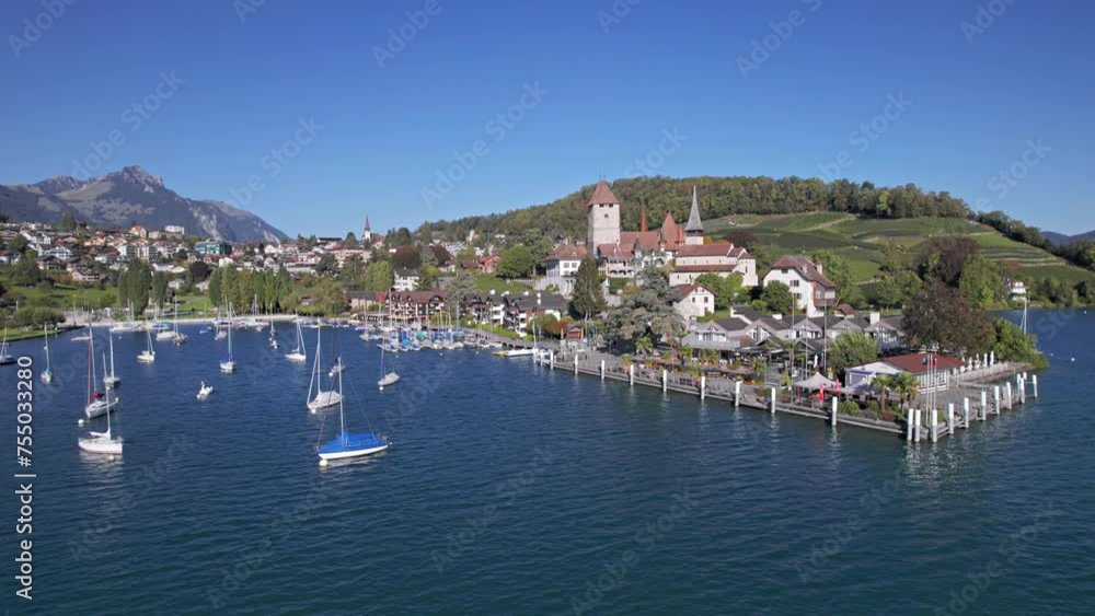 Aerial view of Spiez old town, castle and vineyards, Lake Thun, Switzerland. Aerial view of Spiez old town, castle and vineyards, Lake Thun, Switzerland.