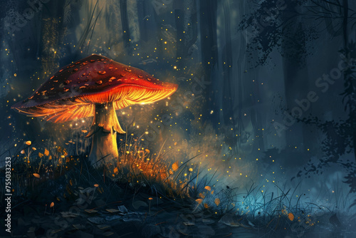 A mushroom with a red color and a cap and a professional overlay on the fantasy