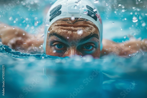 Swimmer, wearing goggles and a cap, powerfully executes the butterfly stroke through the water in swimming pool