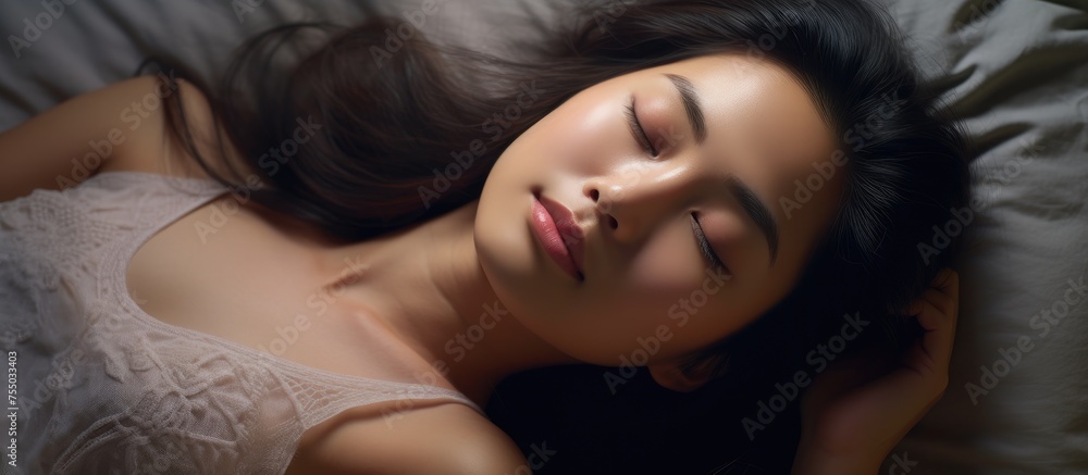 Serene Woman Resting on Bed with Closed Eyes and Peaceful Expression Serene Woman Resting on Bed with Closed Eyes and Peaceful Expression