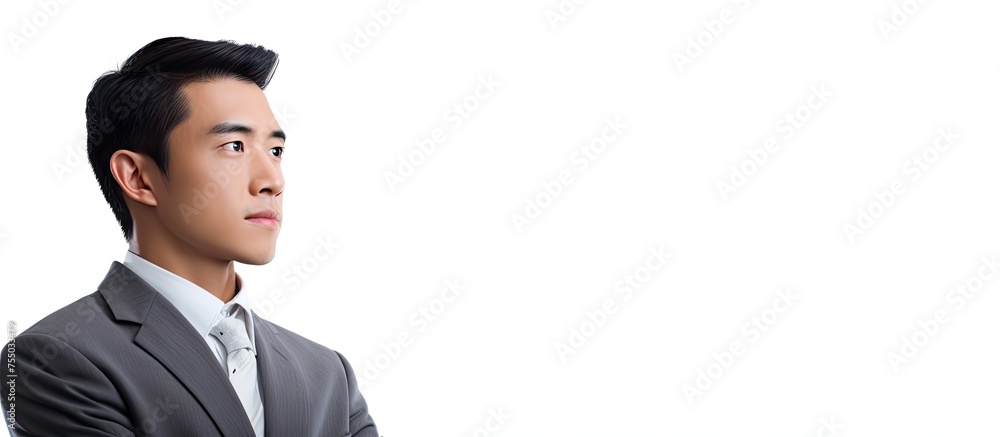 Businessman in Elegant Attire Gazing Upward with a Pensive Expression Businessman in Elegant Attire Gazing Upward with a Pensive Expression