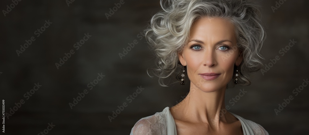 Elegant Senior Lady with Beautiful Blue Eyes and Grey Hair in Thoughtful Pose
