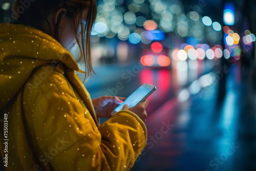 Close up shot of woman using smartphone on city street with bokeh lights at night. Mobile phone in female hands outdoors
