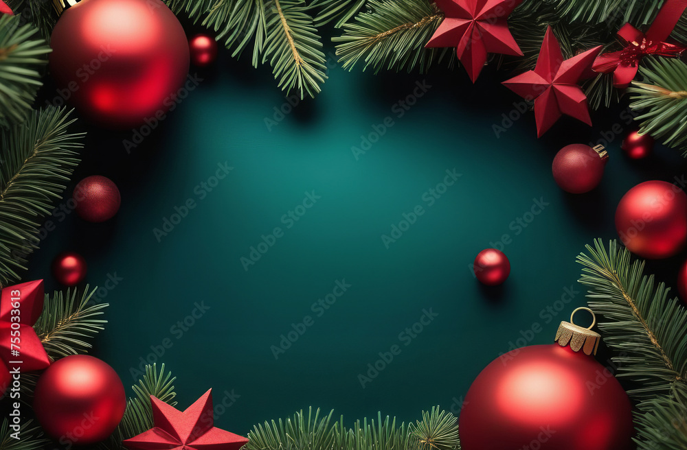 Christmas background with fir tree and red balls decor. Top view with copy space. Abstract Christmas background, Holiday green New Year background for poster, cards, Christmas decor Christmas background with fir tree and red balls decor. Top view with copy space. Abstract Christmas background, Holiday green New Year background for poster, cards, Christmas decor