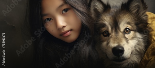 Mysterious Connection: Girl with Long Hair Staring Into the Eyes of a Wild Wolf in the Enchanted Forest