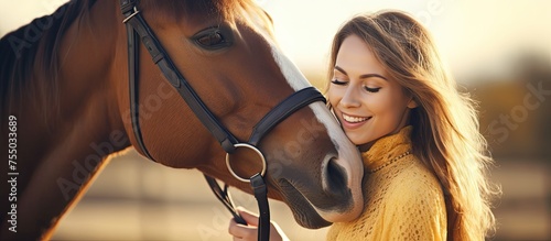 Tranquil Moment: Young Woman Embracing the Connection with Her Majestic Horse