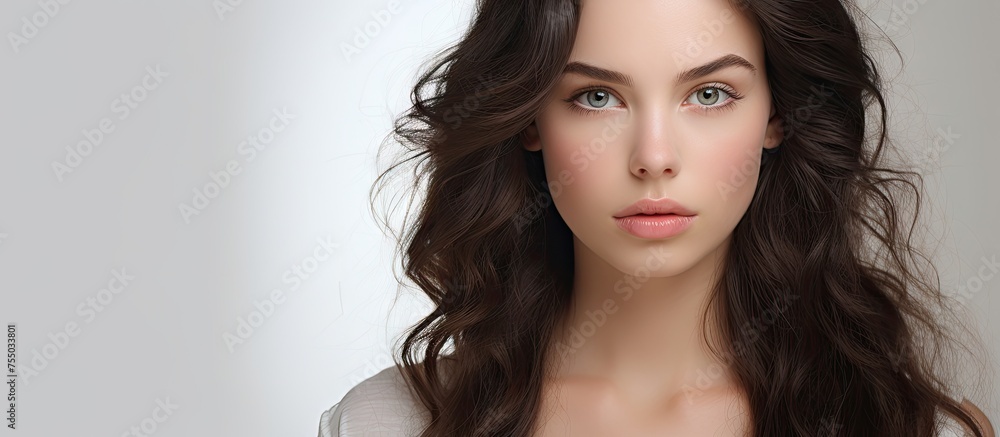 Naklejka premium Confident and Stylish Woman Posing with Long Brown Hair in White Shirt Outfit