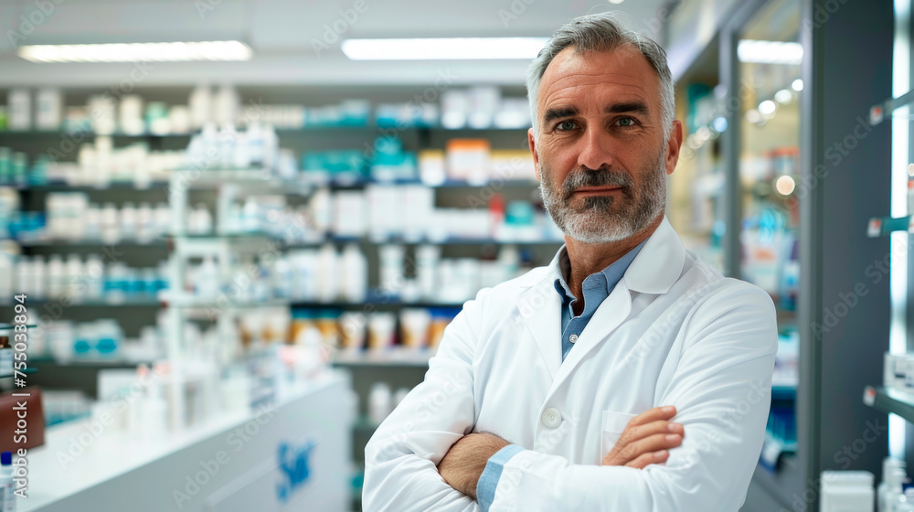 Portrait of a pharmacist on the background of a showcase in a pharmacy.