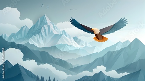 Eagle in Flight over Majestic Mountain Landscape, To convey a sense of freedom, adventure, and the majesty of nature through the image of an eagle in © vanilnilnilla