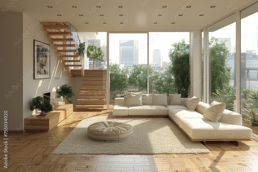 Fototapeta premium Bright spacious minimalist living room with panoramic windows
