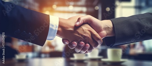 Business Partners Celebrating Successful Deal with a Firm Handshake in Modern Office Environment photo