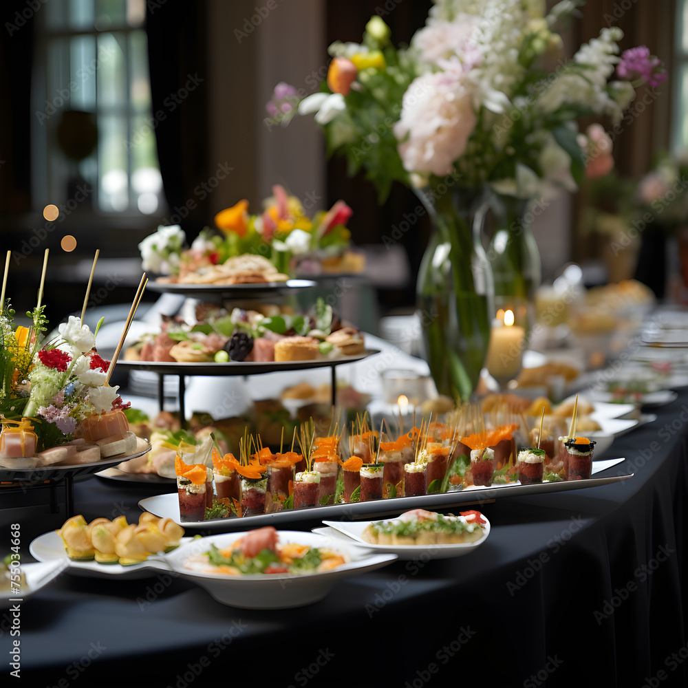 Luxurious Catering Spread at a Formal Event Showcasing a Variety of Gourmet Dishes