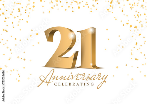 Anniversary 21. gold 3d numbers. Poster template for Celebrating 21th anniversary event party. Vector illustration