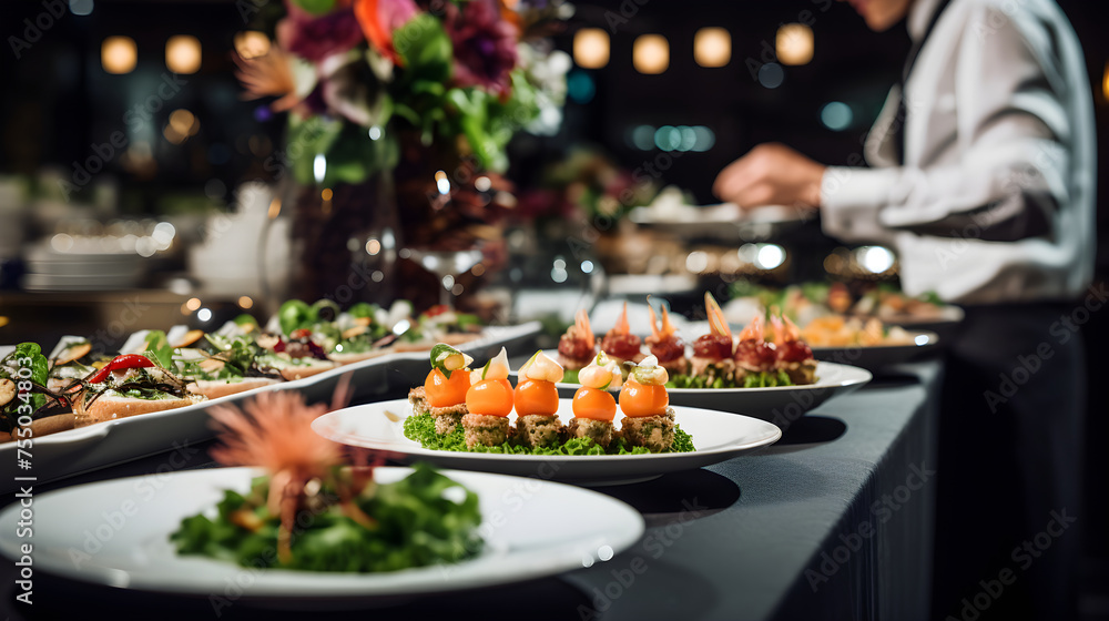 Luxurious Catering Spread at a Formal Event Showcasing a Variety of Gourmet Dishes