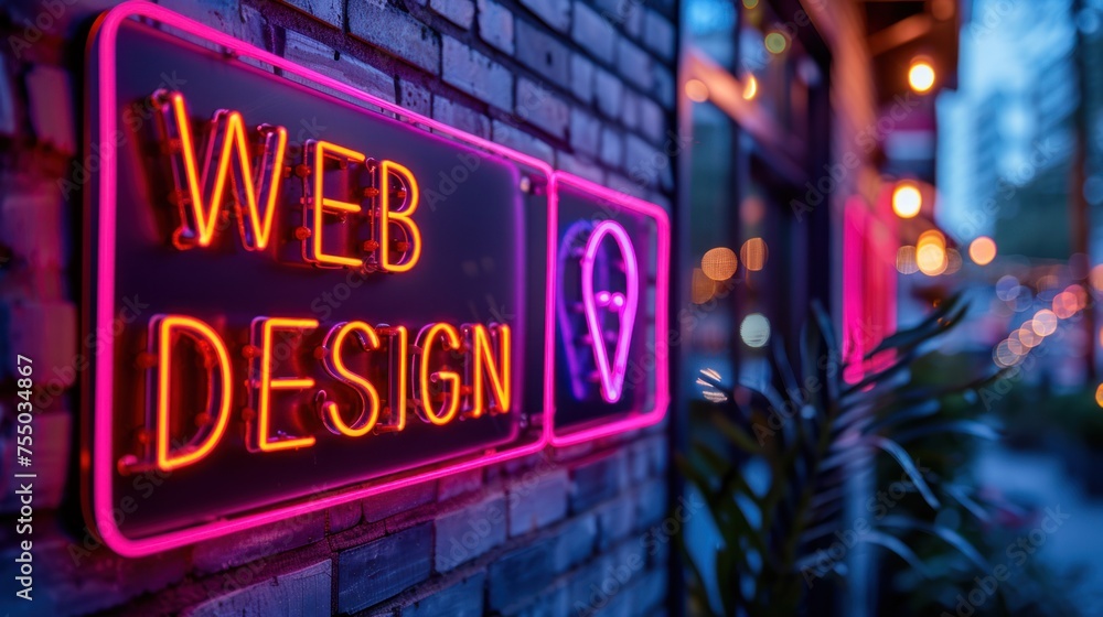 Neon Sign Saying Web Design on Brick Wall