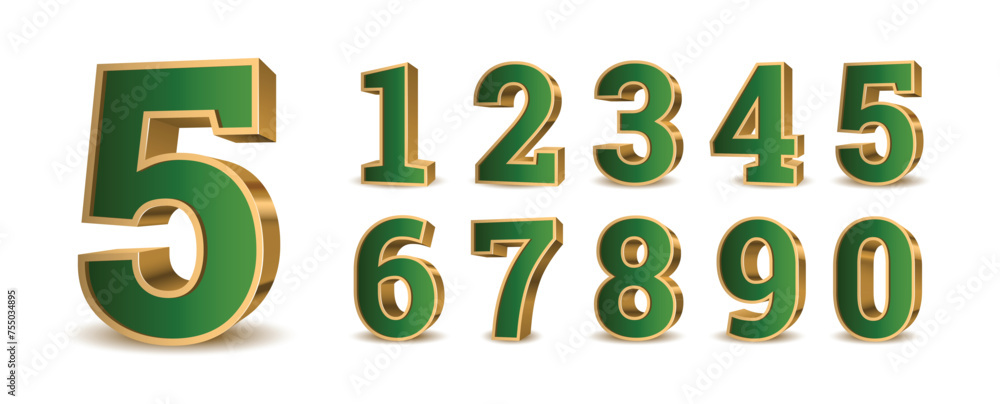 3d green numbers with golden outline. Symbol set. Vector illustration