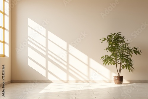 Modern beige interior with geometric sunlight, shadows, and natural decor empty wall mockup