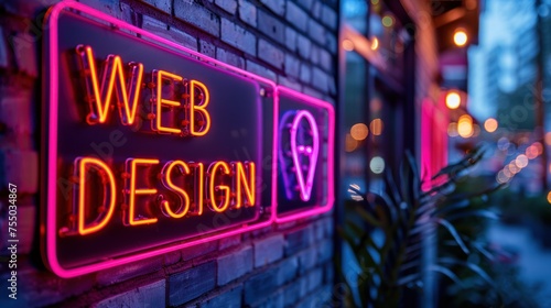 Neon Sign Saying Web Design on Brick Wall