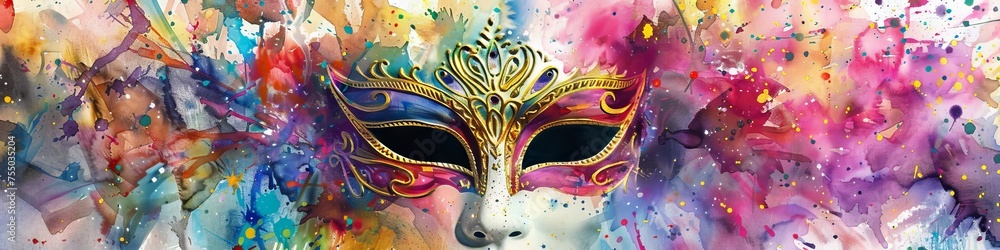 A whimsical masquerade mask amidst a watercolor celebration blending artistry with the vivacity of carnival festivities