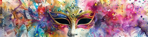 A whimsical masquerade mask amidst a watercolor celebration blending artistry with the vivacity of carnival festivities