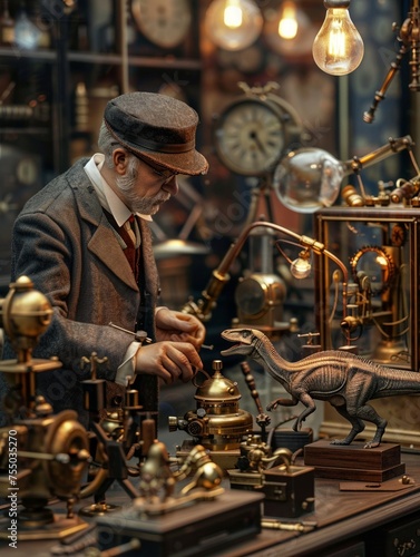 A Victorian-era scientist using futuristic technology to study miniature dinosaurs in a lab filled with steam and brass gadgets photo