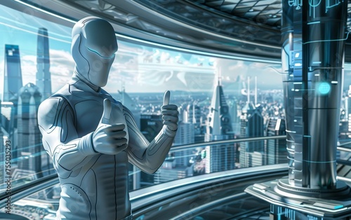 Alien businessman giving a thumbs up in a futuristic office sleek silver decor holographic displays cosmic cityscape outside