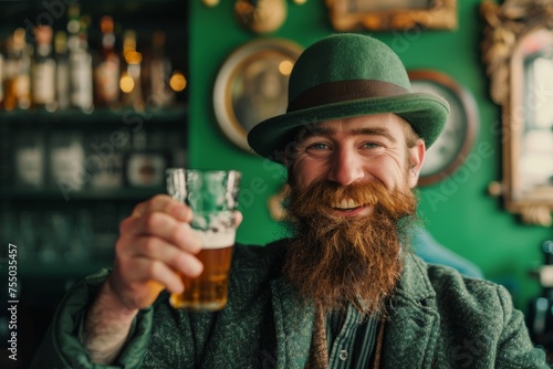 Cheerful bearded gentleman raising a glass Irish festival vibes bright green monochrome setting energy of festivities