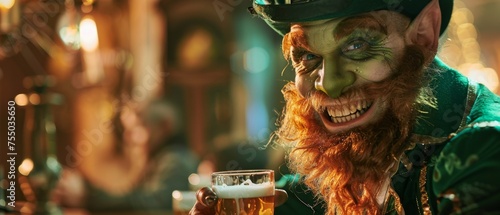 Exuberant leprechaun impersonator festive beer cheer rich emerald ambiance inviting to joyous holiday gatherings photo